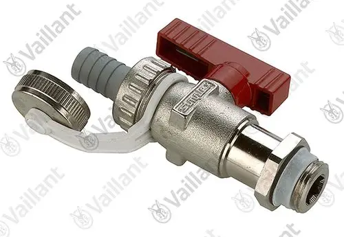 Vaillant Hahn mit rotem Griff und Metallanschlüssen, geeignet für wasserführende Systeme. Sichtbare Dichtung und Ventilmechanismus.